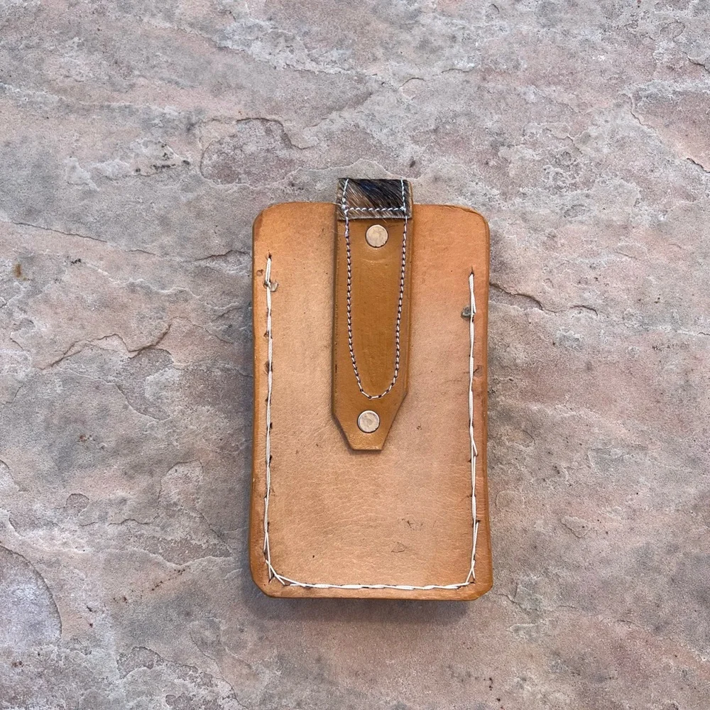 Handmade Artisan Mexican Cattle Auction Tag Cow Hide Phone Belt Loop Holder Case